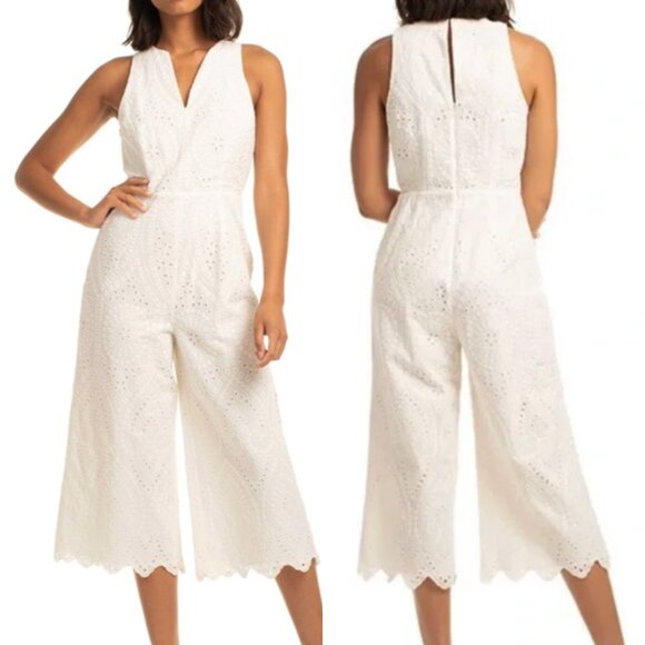 NEW NWT TRINA TRINA TURK Scallop Hem Eyelet Cropped Jumpsuit Cream Ivory ?? Boho - Picture 1 of 16